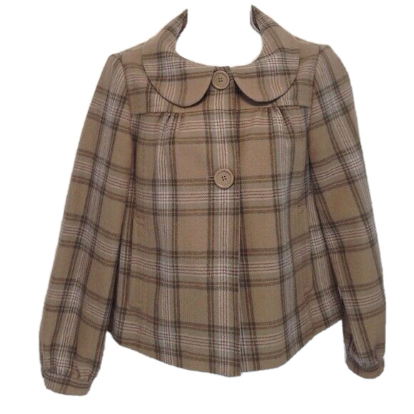 Liz Claiborne Button Front Swing Wool Brown Plaid Jacket Blazer Petite Small Vtg - Picture 2 of 5